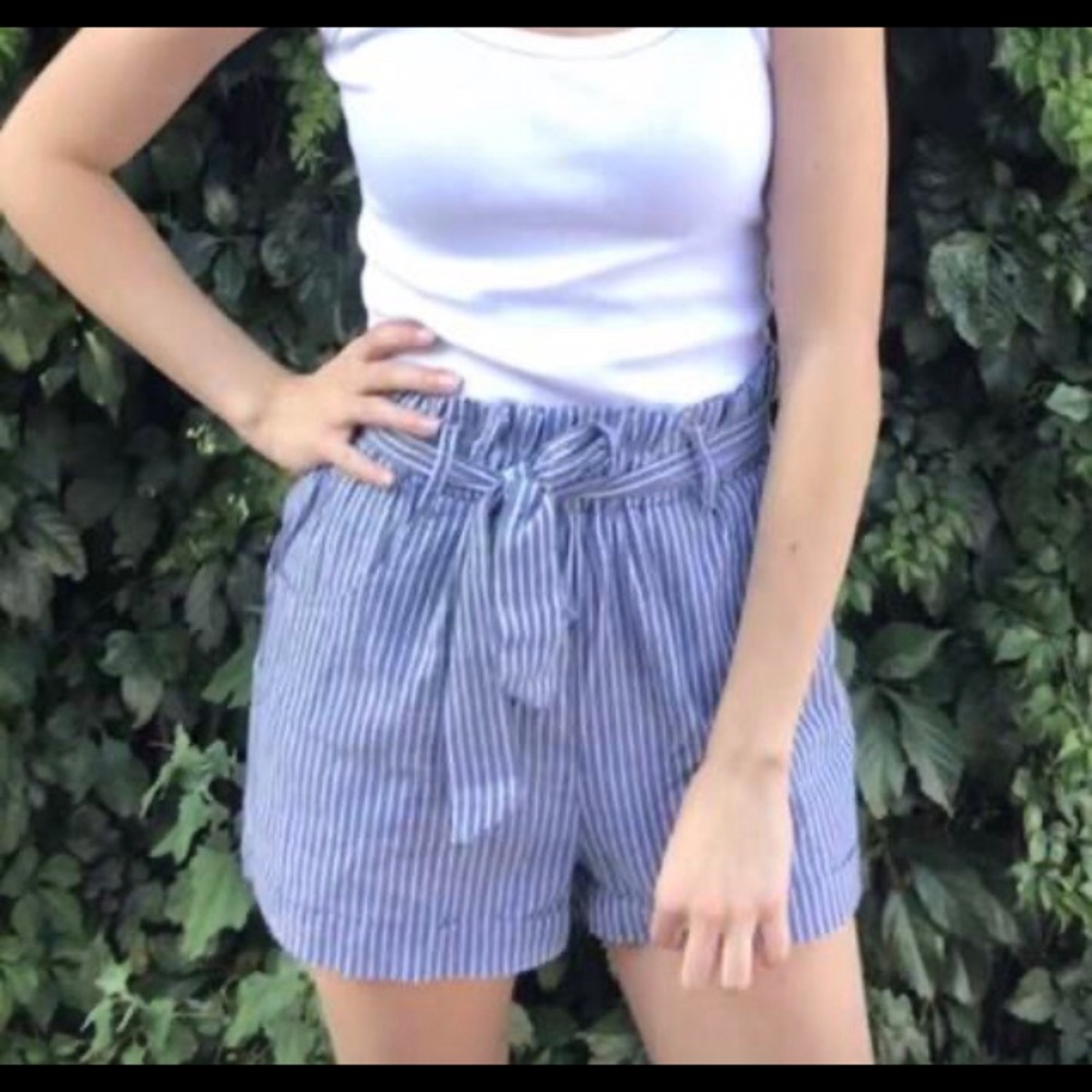 Striped Self Tie Paper Bag Boho Shorts Gray White - Picture 8 of 8